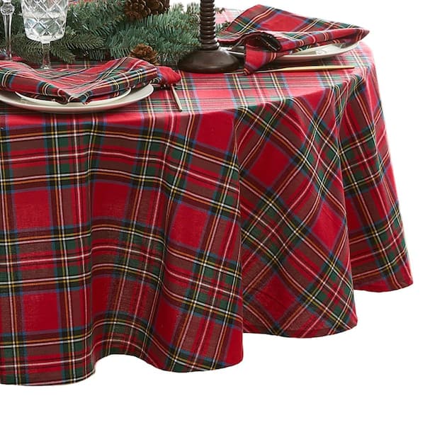 Stowe Tartan Holiday Plaid Round Tablecloth, Red - 70"W x 70"L Round