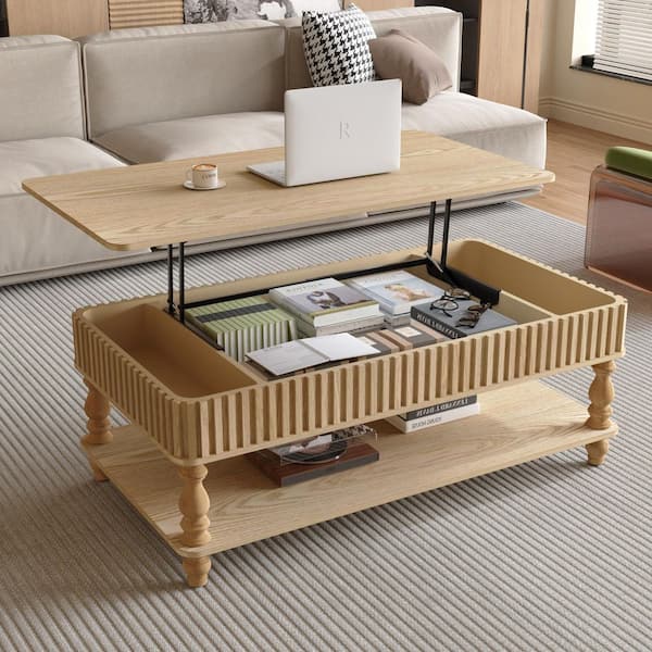 Babbitt 47.24 in. Natural Rectangle MDF and Solid Wood Coffee Table with Adjustable Height, Lift Top, Storage, Shelf