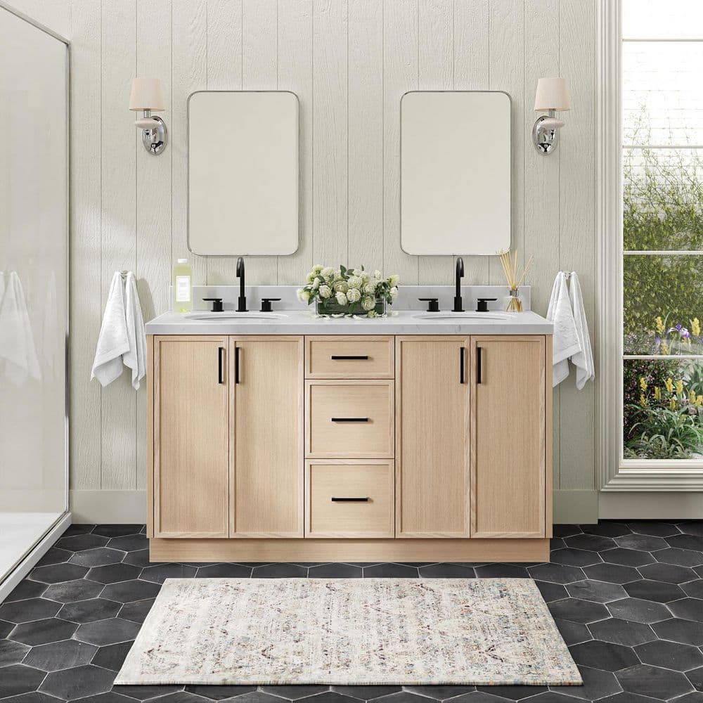 Kelly 60 in. Double Sink Freestanding Bathroom Vanity in White Oak with Carrara White Quartz Top price history on PriceWatchPro