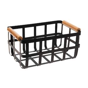Metal Basket 4.92 in. H x 6.89 in. W with Bamboo Handles in Black