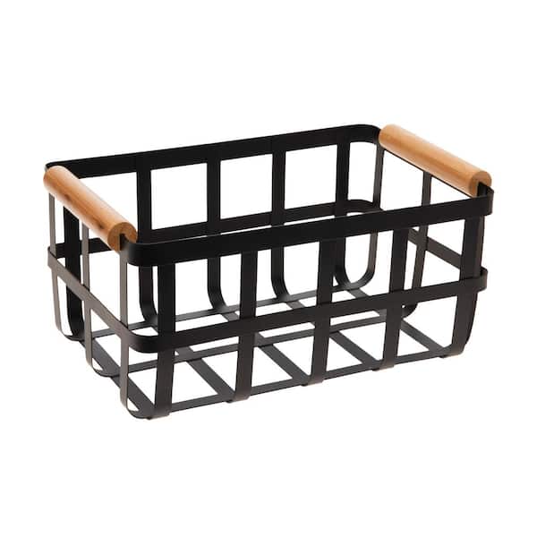 SIMPLIFY Metal Basket 4.92 in. H x 6.89 in. W with Bamboo Handles in Black