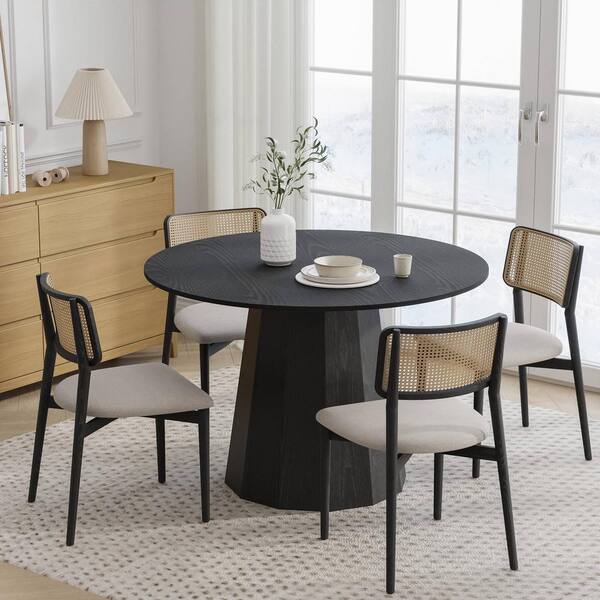 Dovelina 46 in. Oak Wood Black Column Pedestal Round Kitchen Table Dining Table Seats 4