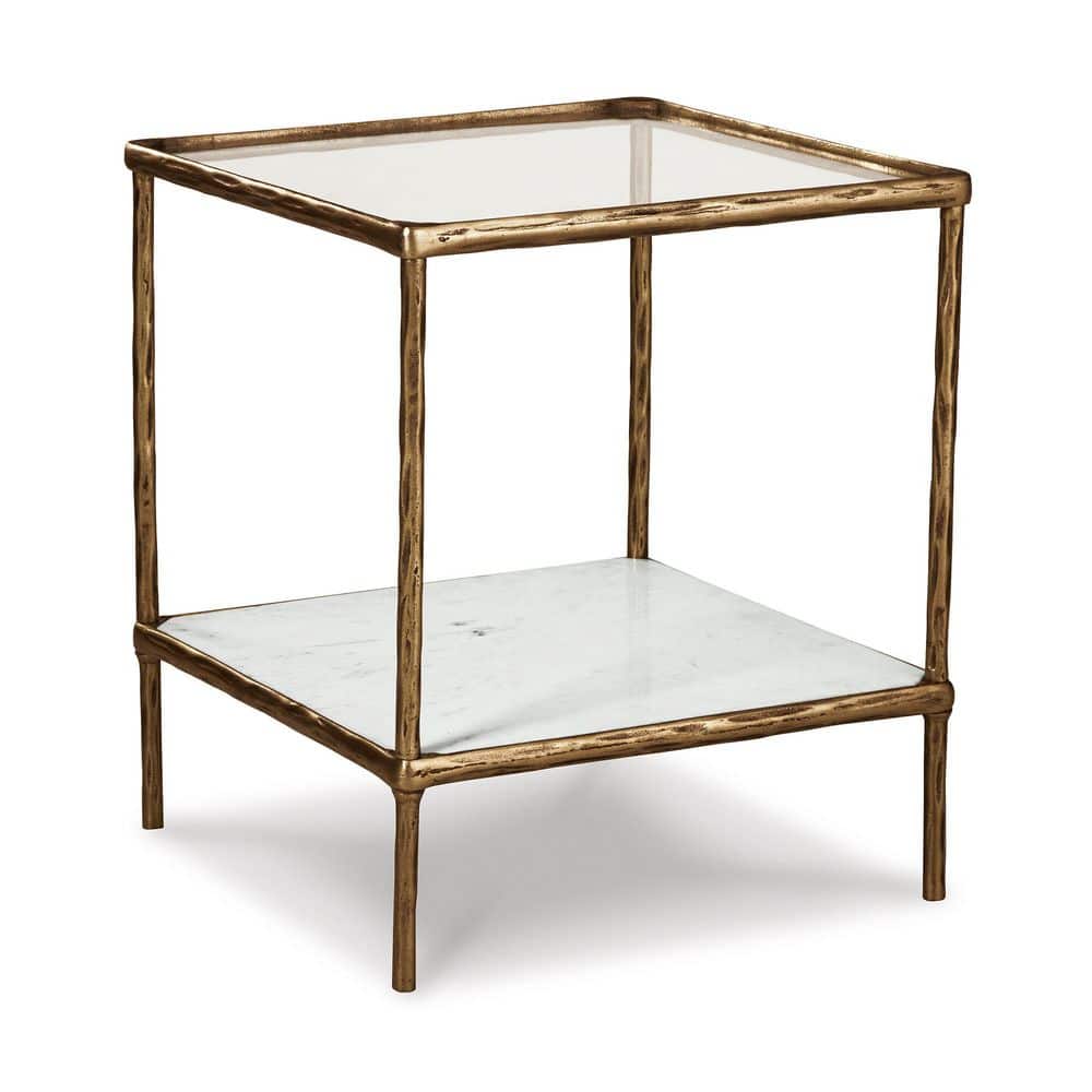 Ryandale 21" Square Antique Brass Accent Table with Glass Top