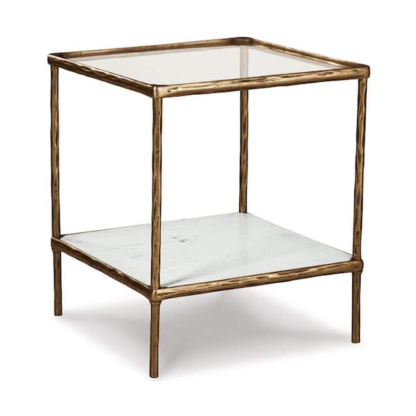 Ryandale 21 in. Antique Brass Square Glass End Table with Marble Shelf