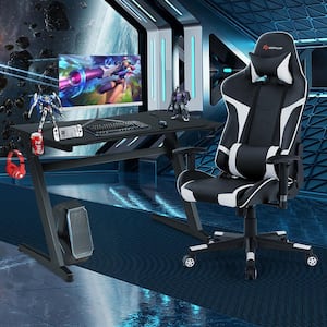 45.5 in. Black Z-Shaped Racing Style Desk & Black+ White Massage Gaming Chair Set for Home Office