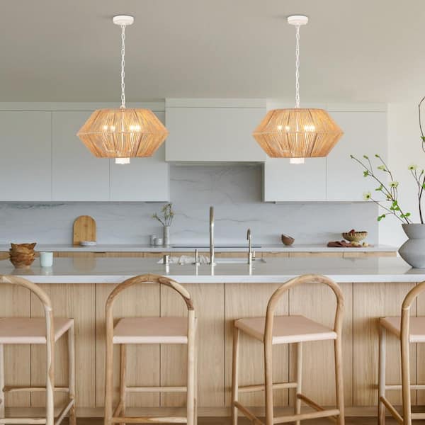 4-Light Distressed White and Brown Paper Rattan Lampshade Candle Chandelier for Living Room with No Bulbs Included