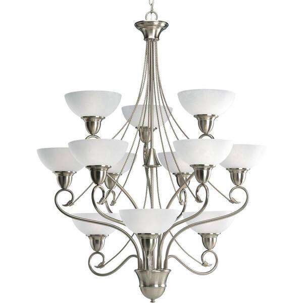 Progress Lighting Pavilion Collection 12-Light Brushed Nickel Chandelier with Etched Watermark Glass Shade