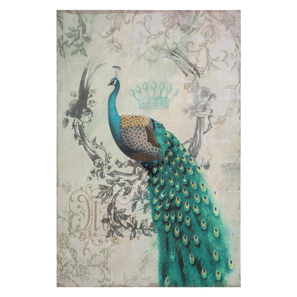 Multicolor Linen Canvas Artwork with Aqua and Teal Peacock