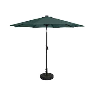 Marina 9 ft. Solar LED Market Patio Umbrella with Bronze Round Free Standing Base in Dark Green