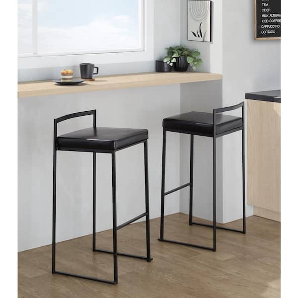LumiSource Fuji 30.75 in. Black Faux Leather and Black Metal Fixed-Height Bar Stool (Set of 2)