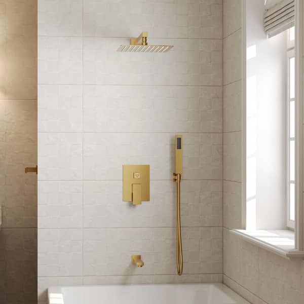 Pressure Balance Single Handle 3-Spray Wall Mount 10 in. Tub and Shower Faucet 2.5 GPM in. Brushed Gold Valve Included