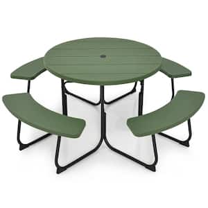 75 in. Green Round Metal Picnic Tables Seating Capacity 8-Person with Bench Set and Umbrella Hole