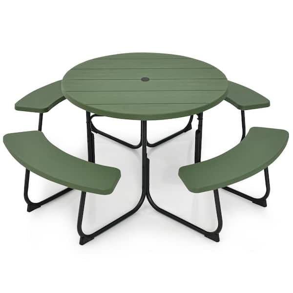 ANGELES HOME 75 in. Green Round Metal Picnic Tables Seating Capacity 8-Person with Bench Set and Umbrella Hole