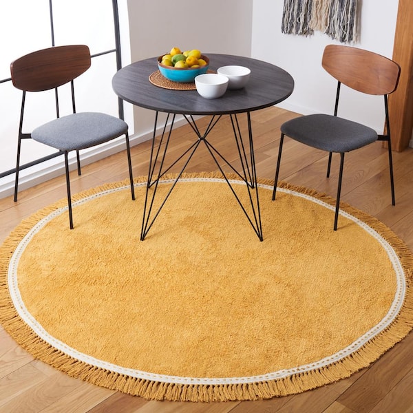 Easy Care 8 ft. x 8 ft. Yellow/Ivory Machine Washable Solid Fringe Border Round Area Rug