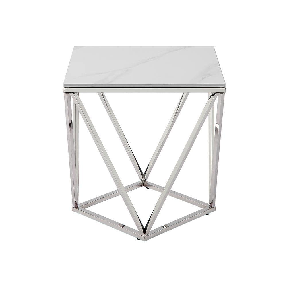 White marble top square metal base table on white background.