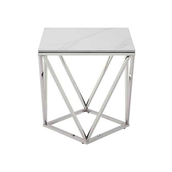 Lazzara Mehta 20 In. White/Silver Square Sintered Stone Top End Table