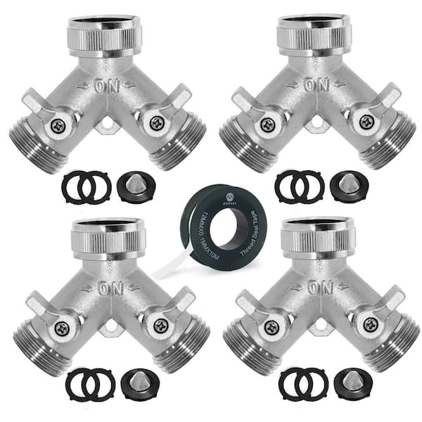 Morvat Nickel Plated Brass Garden Hose 2 Way Splitter Connector, Included Filter Washer (4-Pack)