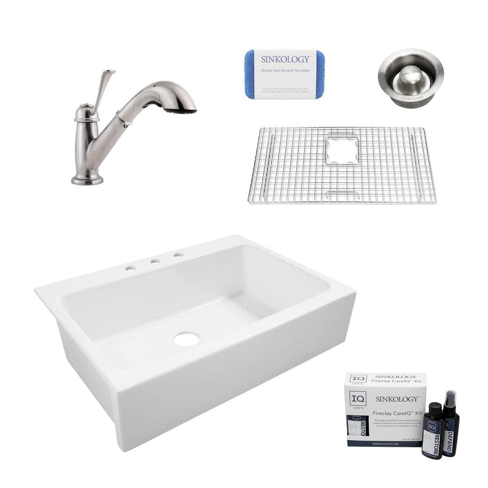 Sinkology Josephine All In One Quick Fit Farmhouse Fireclay 33 85 In 3 Hole Single Bowl Kitchen Sink With Faucet And Drain Sk450 34fc Lcsd The Home Depot