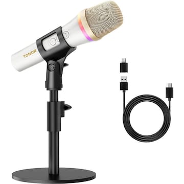 USB Dynamic Microphone for Podcast Gaming Mic with RGB for Recording with Quick Mute and Stand White