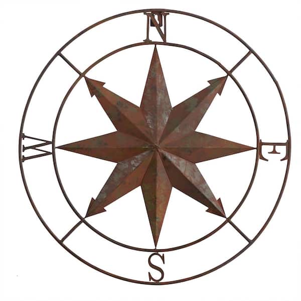 Nearly Natural 18 in. Rustic Nautical Copper Metal Compass Wall Art Decor