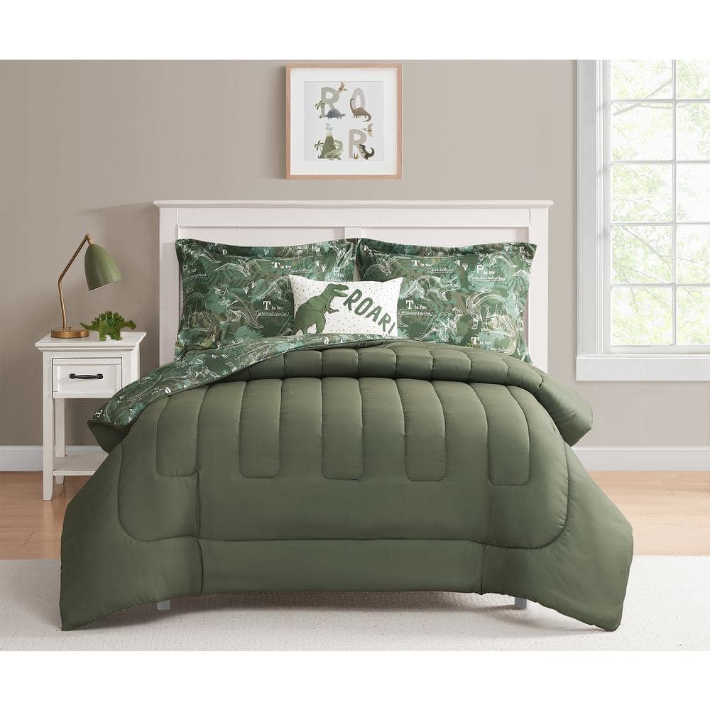 Dino Forest Green and White Microfiber Twin Comforter Set