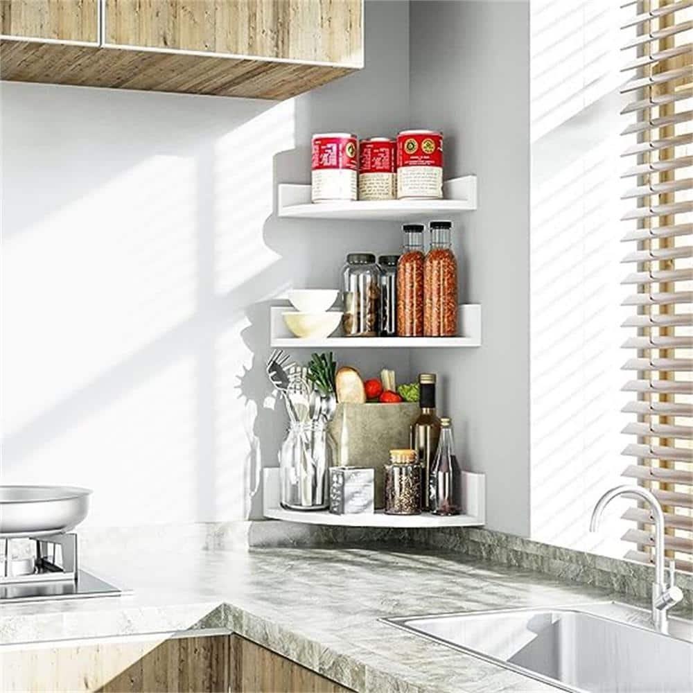 White Wood 3-Tier Floating Corner Shelves