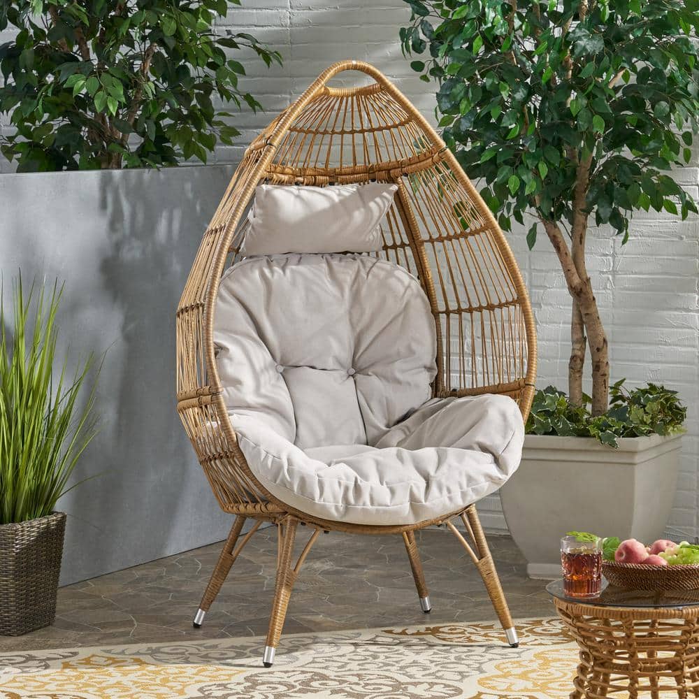 Serina Teardrop Wicker Outdoor Lounge Chair with Beige Cushions