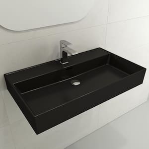 Milano Wall-Mounted Matte Black Fireclay Rectangular Bathroom Sink 32 in. 1-Hole with Overflow
