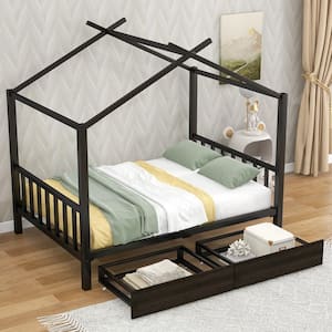 Full Size House Bed for Kids, Metal Full Platform Bed Frame with 2-Storage Drawers and Roof for Girls and Boys, Black