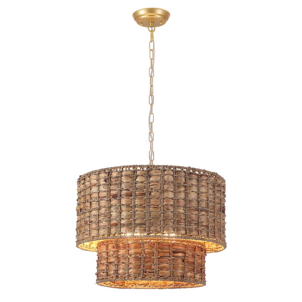 5 - Light 2-Tier Gold Drum Rattan Dimmable Chandelier Light for Kitchen Island,Dining Room with No Bulbs Included price history on PriceWatchPro