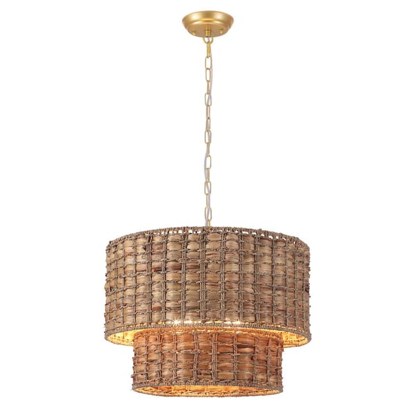 ADSENSTY 5-Light Nickel Drum Natural Rattan Seagrass Chandelier