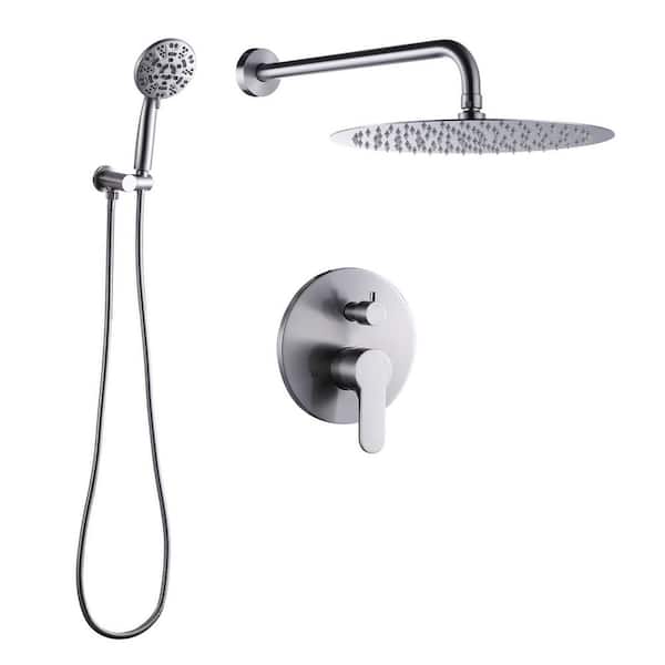Wall Mount Dual Single Handle 2-Spray Shower Faucet 1.8 GPM with 12 in. Round Shower Head in Brushed Nickl