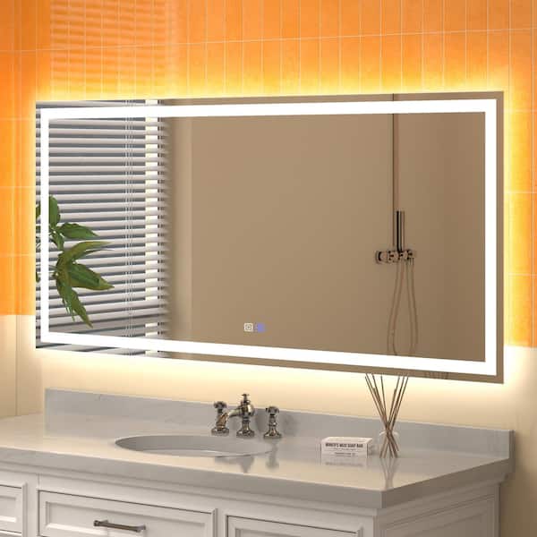 ExBrite Derrin 60 in. W x 28 in. H Large Rectangular Frameless Anti-Fog Dimmable LED Wall Bathroom Vanity Mirror in Silver