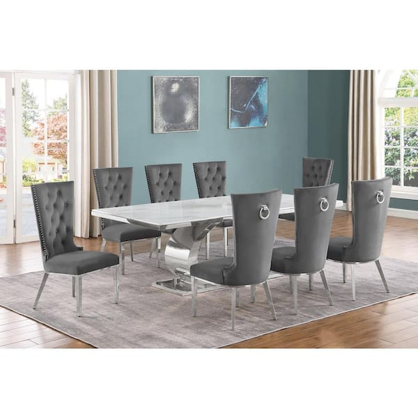 Best Quality Furniture Ibraim 9-Piece Rectangle White Marble Top with Stainless Steel Base Dining Set with 8 Dark Grey Velvet Fabric Chairs