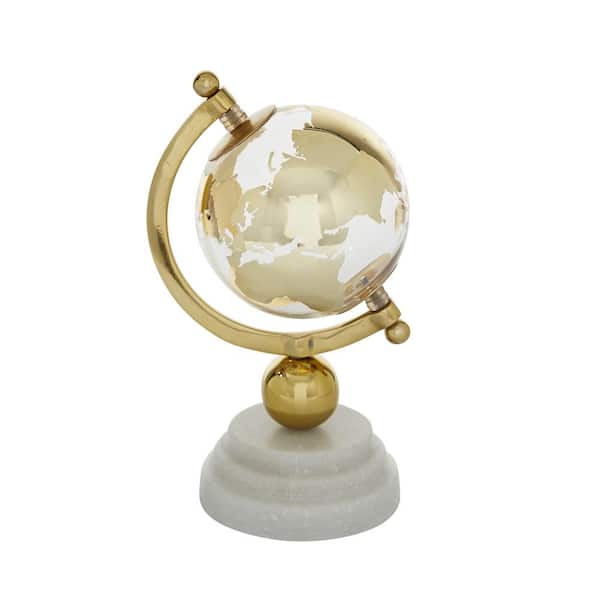 Litton Lane 11 in. Gold Marble Decorative Globe with Marble Base and White Base