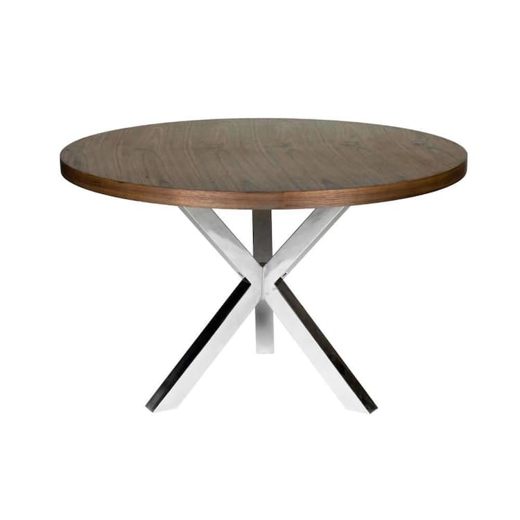 Benjara Emi Brown and Chrome Wood Round 47 in. Cross Legs Base Dining Table Seats 3
