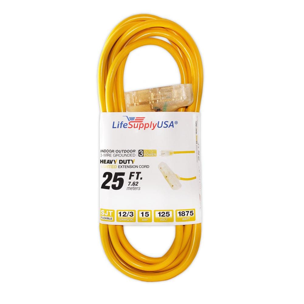100 ft Power Extension Cord Outdoor ＆ Indoor Heavy Duty 12 Gauge Prong SJTW (Yellow) Lighted end 3-Outlet Extra Durability 15 AMP 125 Volts 1875 Wa - 2