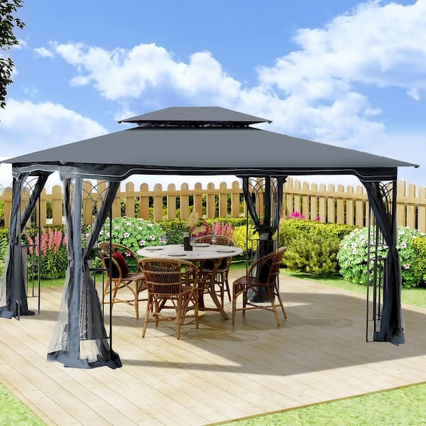 13 ft. x 10 ft. Grey Top Outdoor Patio Gazebo Canopy Tent with Ventilated Double Roof And Mosquito net (Gazebo)