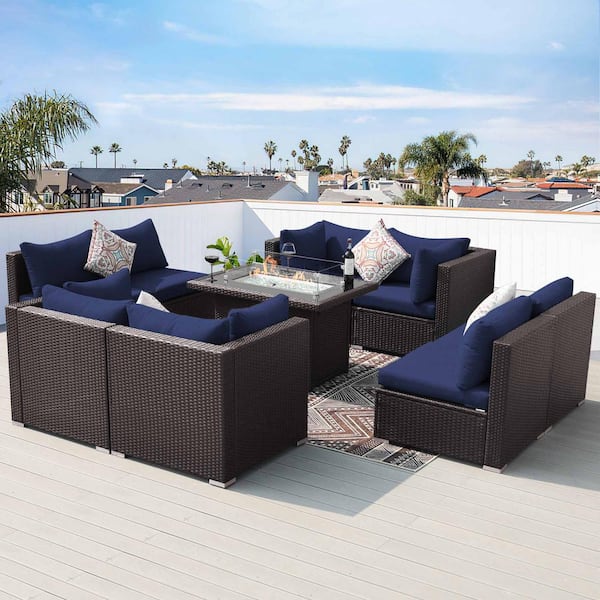 FINCATI Luxury 9-Piece Espresso Wicker Patio Fire Pit Conversation Sectional Deep Seating Sofa Set with Navy Blue Cushions