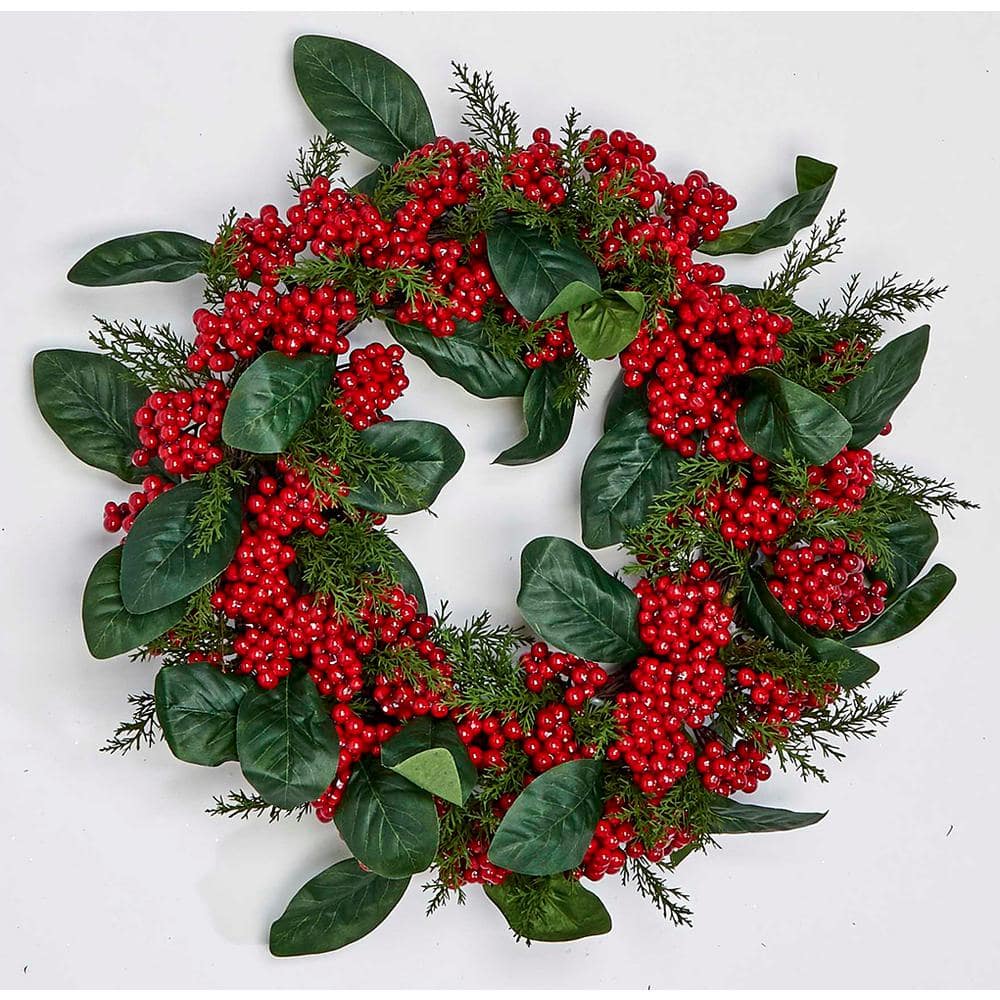 17 in. Artificial Berry Leaf Wreath on Natural Twig Base