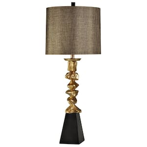 40 in. Vintage Gold and Black Base Table Lamp with Brown Hardback Fabric Shade with gold Thread