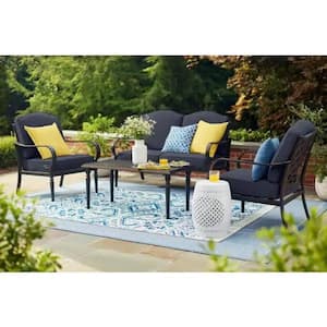 Laurel Oaks Brown 4-Piece Steel Outdoor Patio Conversation Seating Set with CushionGuard Sky Cushions