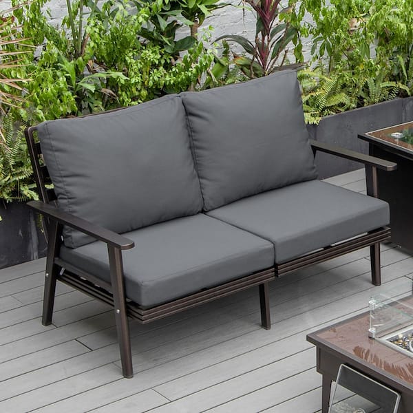 Leisuremod Walbrooke Brown 1-Piece Metal Outdoor Loveseat with Charcoal Cushions