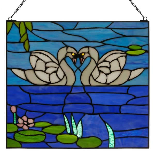 River of Goods Swans in Love Multicolored Stained Glass Window Panel