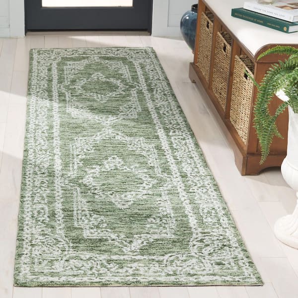 Metro 2 ft. x 9 ft. Green/Ivory Medallion Distressed Runner Rug