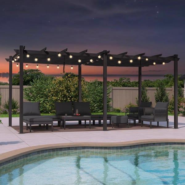 12 ft. x 18 ft. Gray Aluminum Frame Outdoor Patio Pergola with Gray Retractable Sun Shade Canopy and String Lights