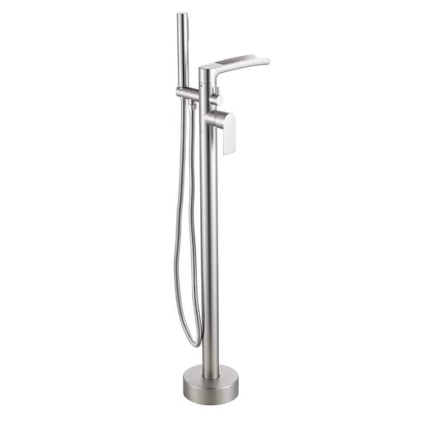 Single-Handle Brass Freestanding Tub Faucet Waterfall Bathtub Filler with Swivel Spout and Hand Shower in Brushed Nickel