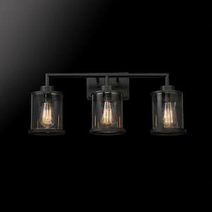 Harlow 23.52 in. 3-Light Matte Black Vanity Light with Clear Glass Shades, 4-Piece Bathroom Accessory Set Included