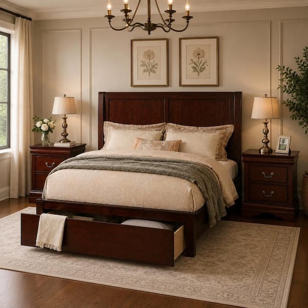 3 Piece Cherry Brown and Bronze Wood California King Bedroom Set with 2 Nightstands