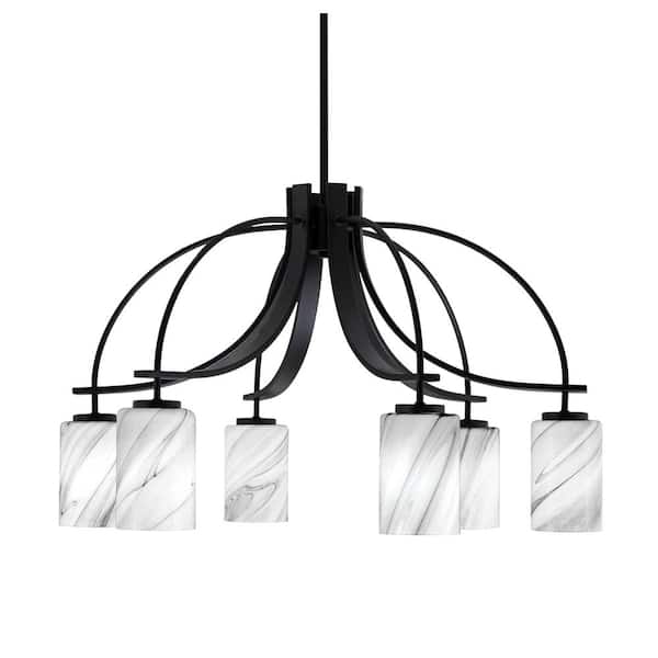 Unbranded Olympia 17.75 in. 6-Light Matte Black Downlight Chandelier Onyx Swirl Glass Shade